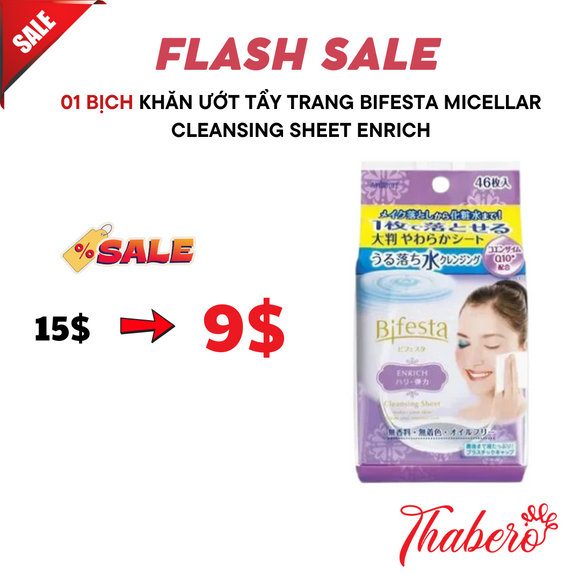 Khăn ướt tẩy trang Bifesta Micellar Cleansing Sheet EẺnich - Tẩy mắt môi - Màu tím