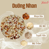Dưỡng Nhan ( Nhựa đào , Bồ Mể , Tuyết Yến Mũ trôm ) - Dùng để ngâm uống giúp thanh lọc cơ thể mát gan sạch ruột nhuận trường và bổ sung collagen tự nhiên đẹp da .