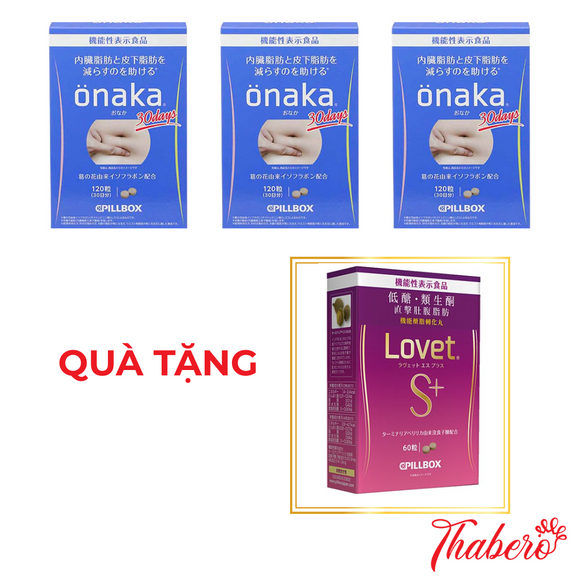 Combo 03 hộp viên uống giảm mỡ bụng Onaka Pillbox 120 viên - Tặng 01 hộp viên uống giảm hấp thu đường Pillbox Lovet S+