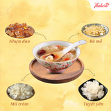 Dưỡng Nhan ( Nhựa đào , Bồ Mể , Tuyết Yến Mũ trôm ) - Dùng để ngâm uống giúp thanh lọc cơ thể mát gan sạch ruột nhuận trường và bổ sung collagen tự nhiên đẹp da .
