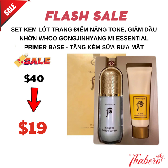 Set Kem Lót Trang Điểm nâng tone, giảm dầu nhờn Whoo Gongjinhyang Mi Essential Primer Base - Tặng kèm sữa rửa mặt - Màu xanh da dầu