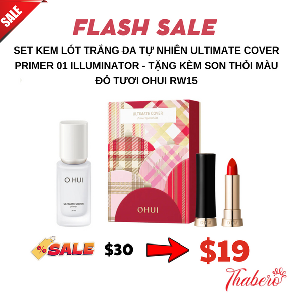 Set Kem Lót Trắng Da Tự Nhiên Ultimate Cover Primer 01 Illuminator - Tặng Kèm Son Thỏi Màu Đỏ Tươi Ohui RW15