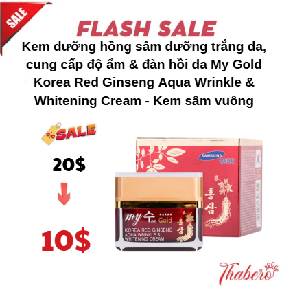 Kem dưỡng hồng sâm dưỡng trắng da, cung cấp độ ẩm & đàn hồi da My Gold Korea Red Ginseng Aqua Wrinkle & Whitening Cream - Kem sâm vuông