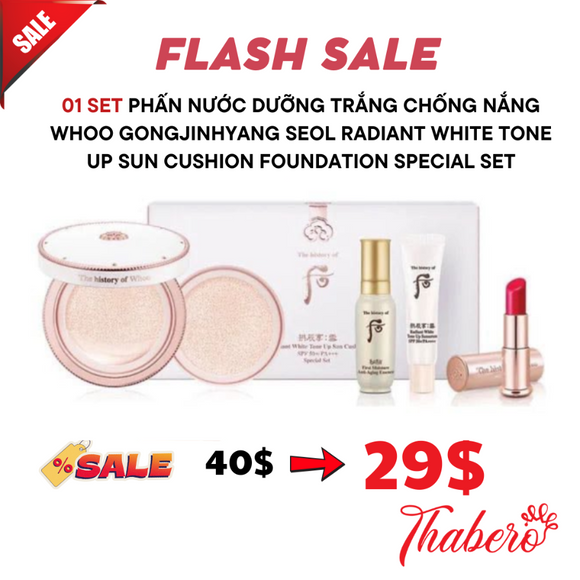 Bộ Phấn nước dưỡng trắng chống nắng Whoo Gongjinhyang Seol Radiant White Tone up Sun Cushion Foundation Special Set.- Phấn whoo trắng 4 sản phẩm